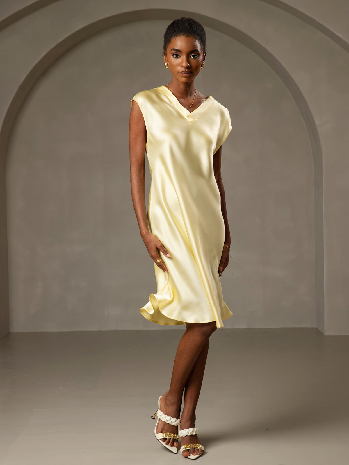 Pure Silk Cap Sleeve V Neck Knee Dress