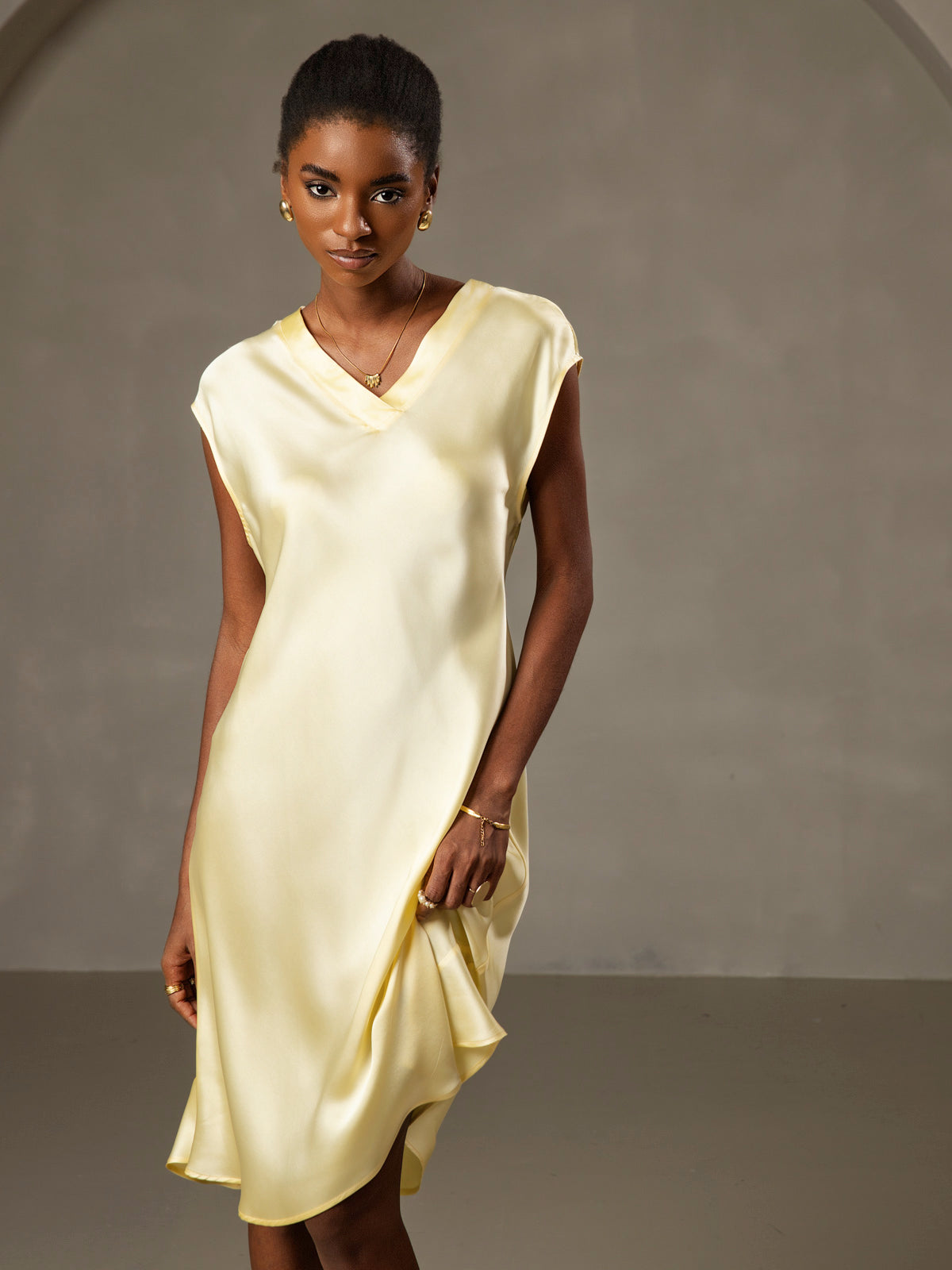 Pure Silk Cap Sleeve V Neck Knee Dress