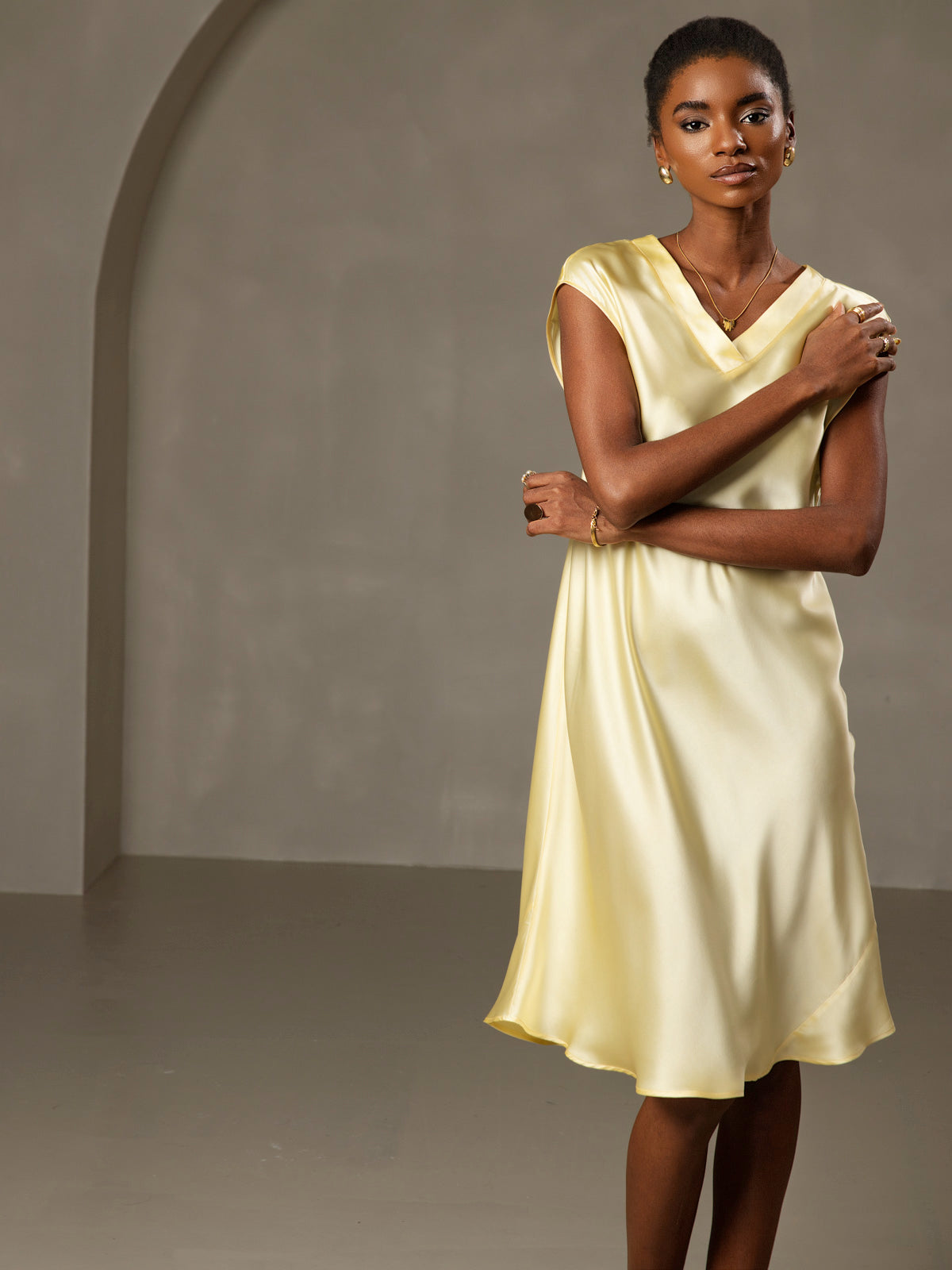 Pure Silk Cap Sleeve V Neck Knee Dress