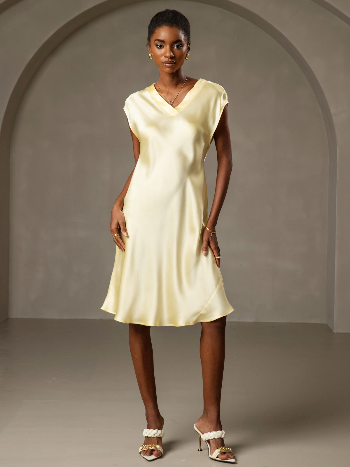 Pure Silk Cap Sleeve V Neck Knee Dress