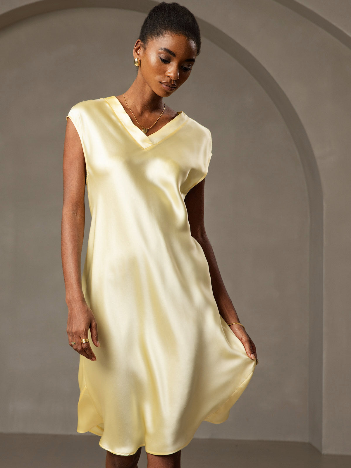 Pure Silk Cap Sleeve V-neck Knee Nightdress