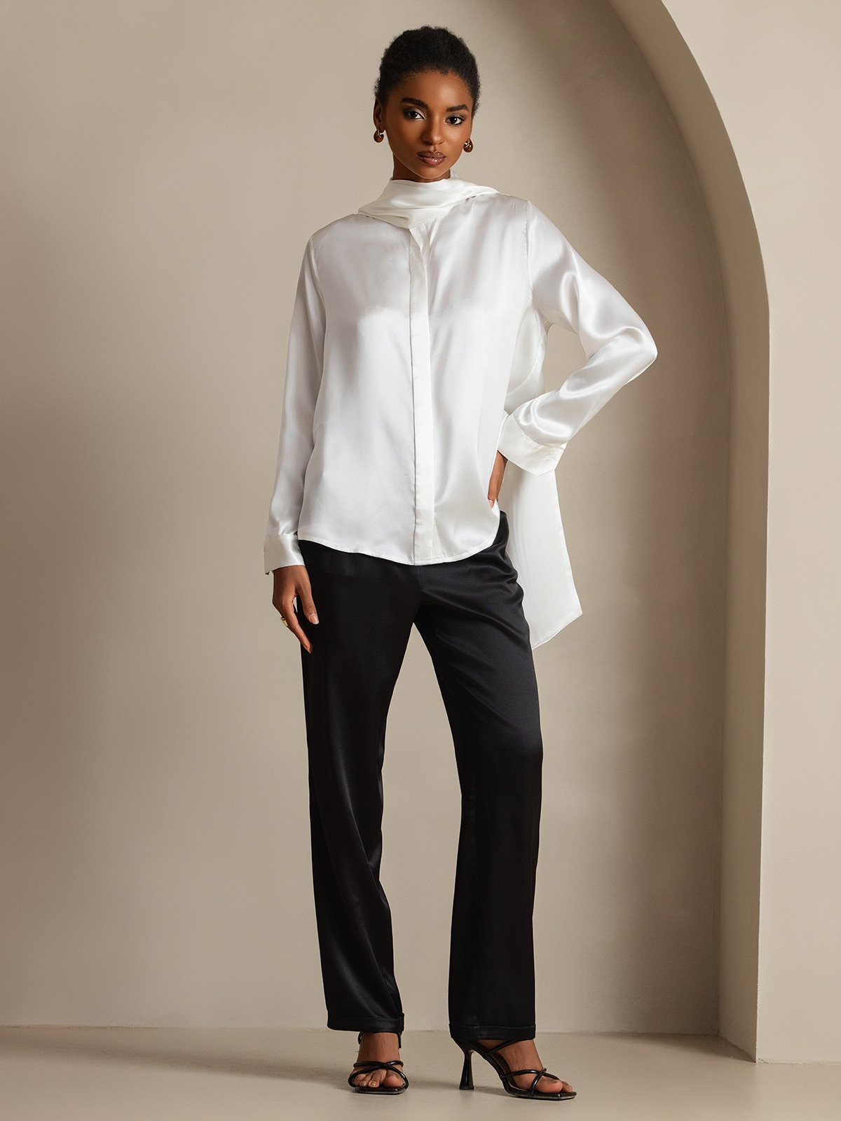19Momme Silk Long Sleeve High Neck Bow Tie Blouse