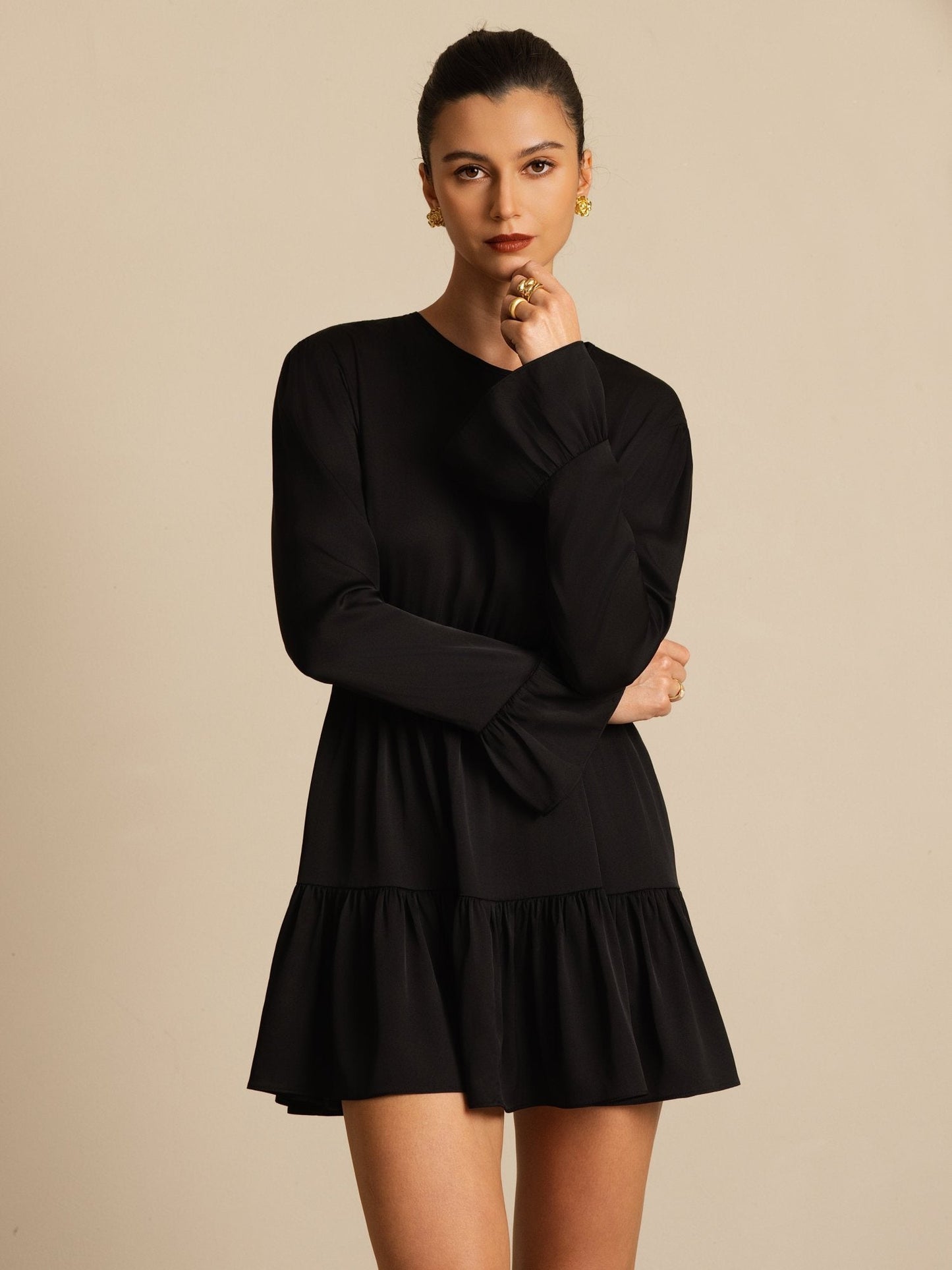 19Momme Silk  Ruffle Sleeves Short A-Line Flowy Dress