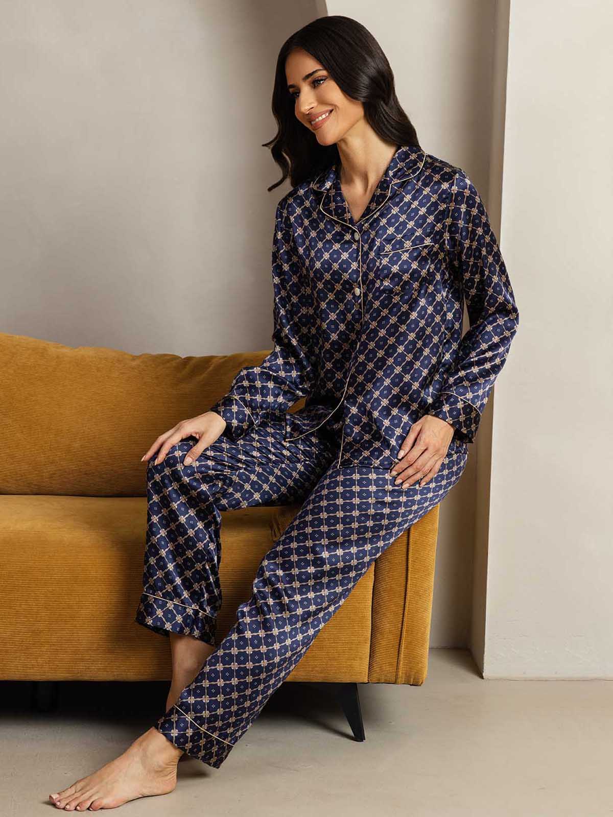 Pure Silk Navy Chain Print Long Sleeve Notch Collar Women's Pajamas Set