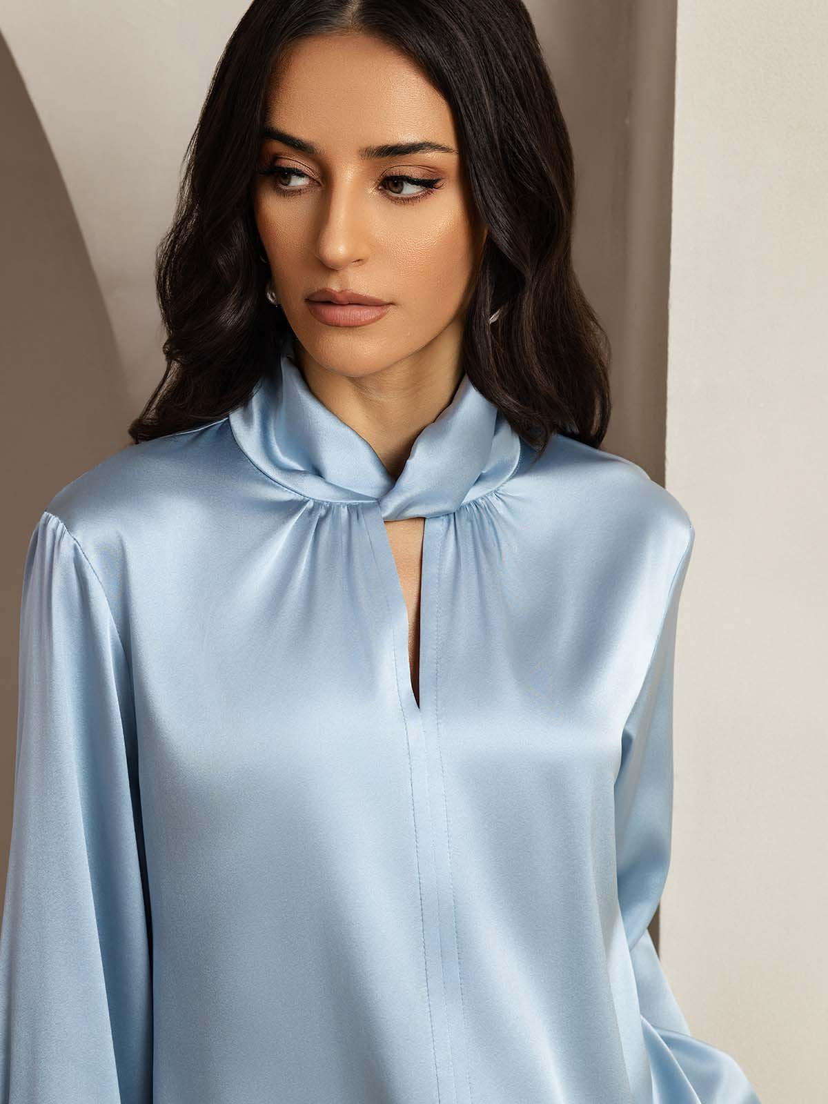 19Momme Silk Keyhole Neck Blouse with Pearl Buttons