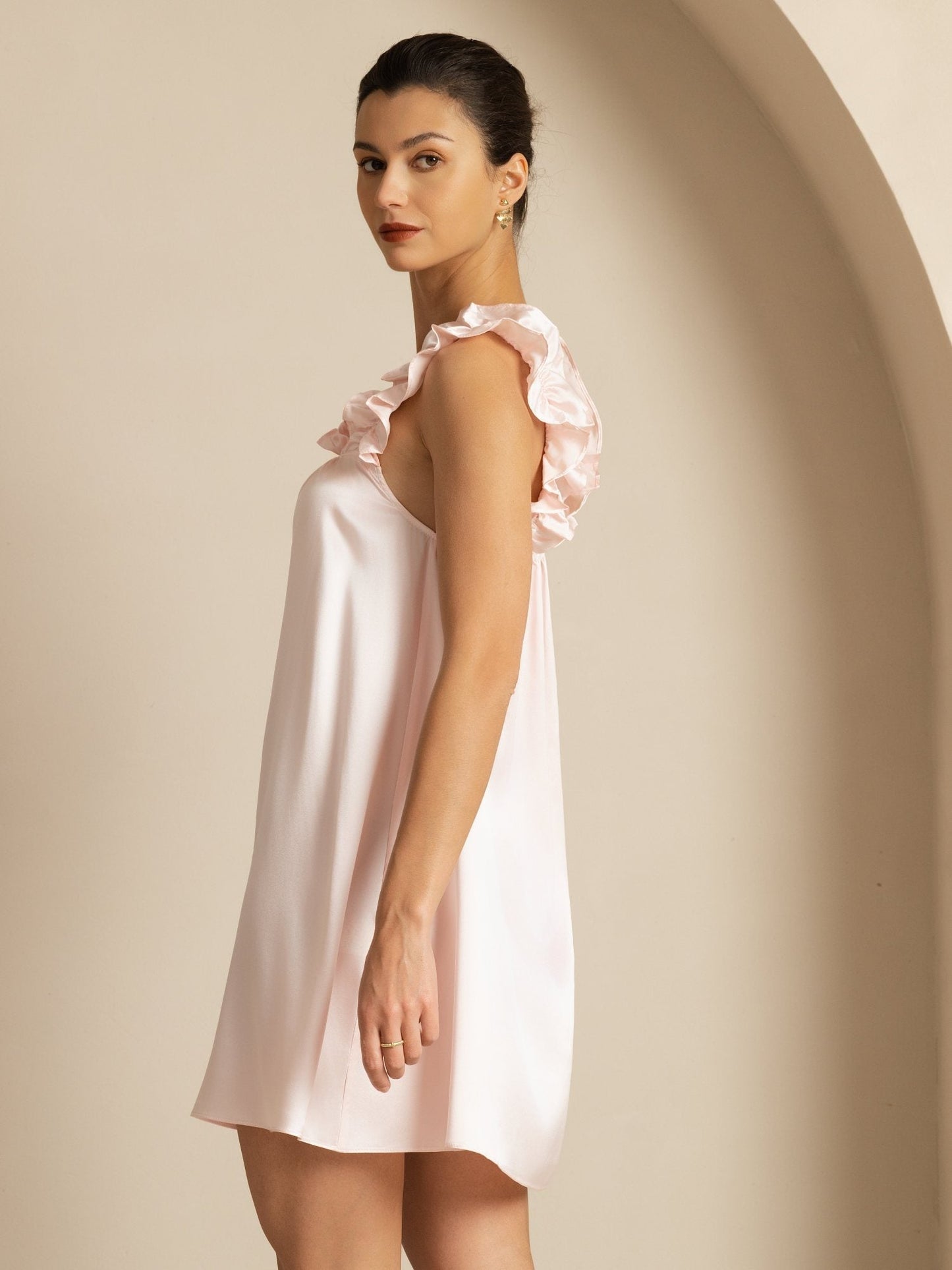 19Momme Silk Ruffle Strap Square Neck  Babydoll A-Line Short Dress