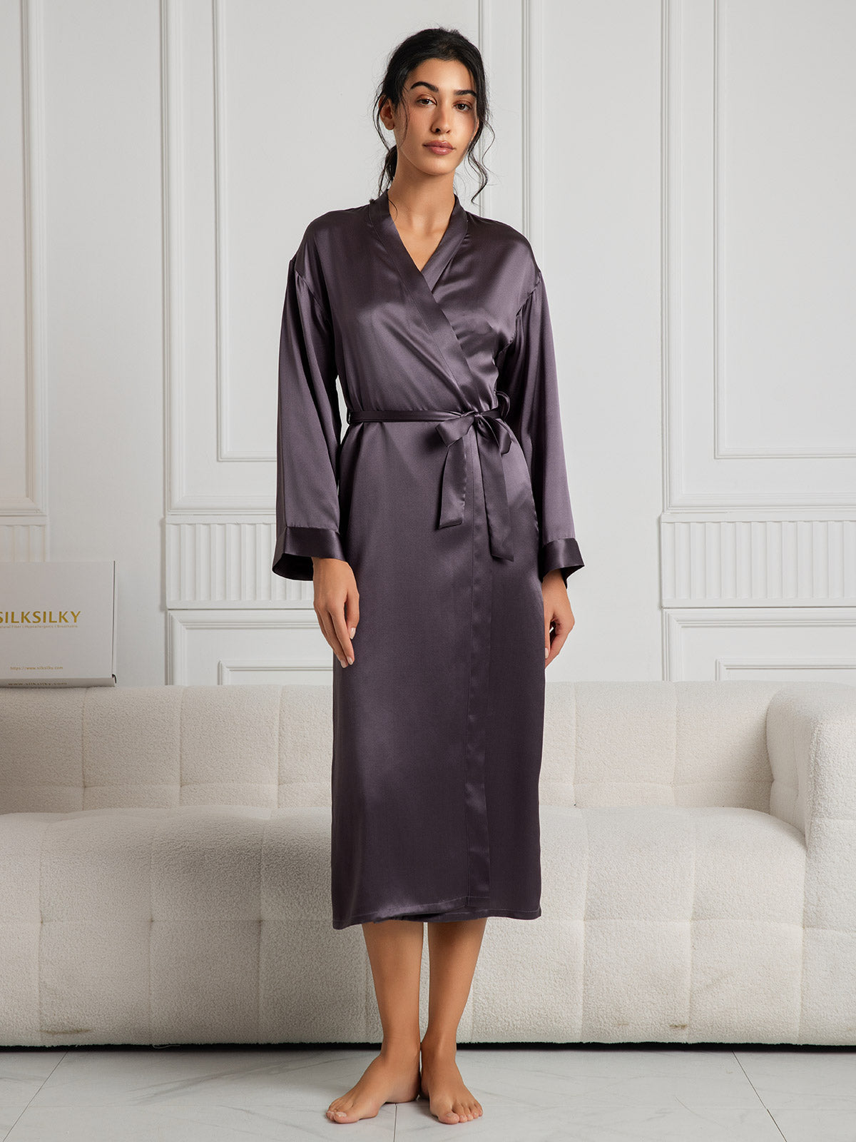 Women's Pure Silk Long Sleeve Midi Dressing Gown