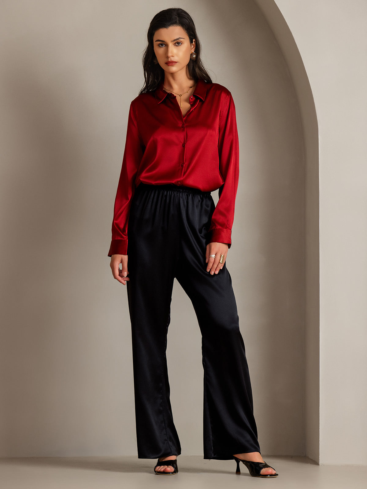 19Momme Silk Long Sleeve Lapel Collar Women's Shirt with Button Up Design