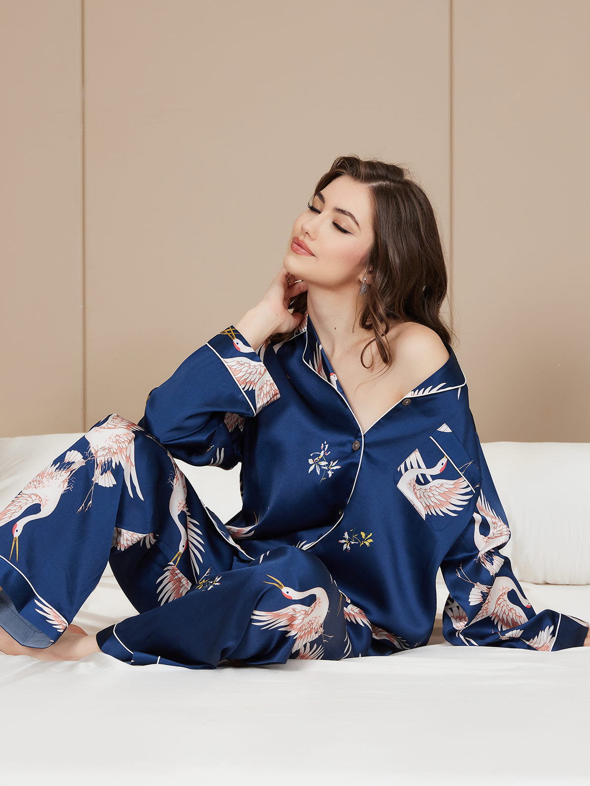19Momme Women's Pure Silk Crane Print Long Sleeve Pyjamas Set