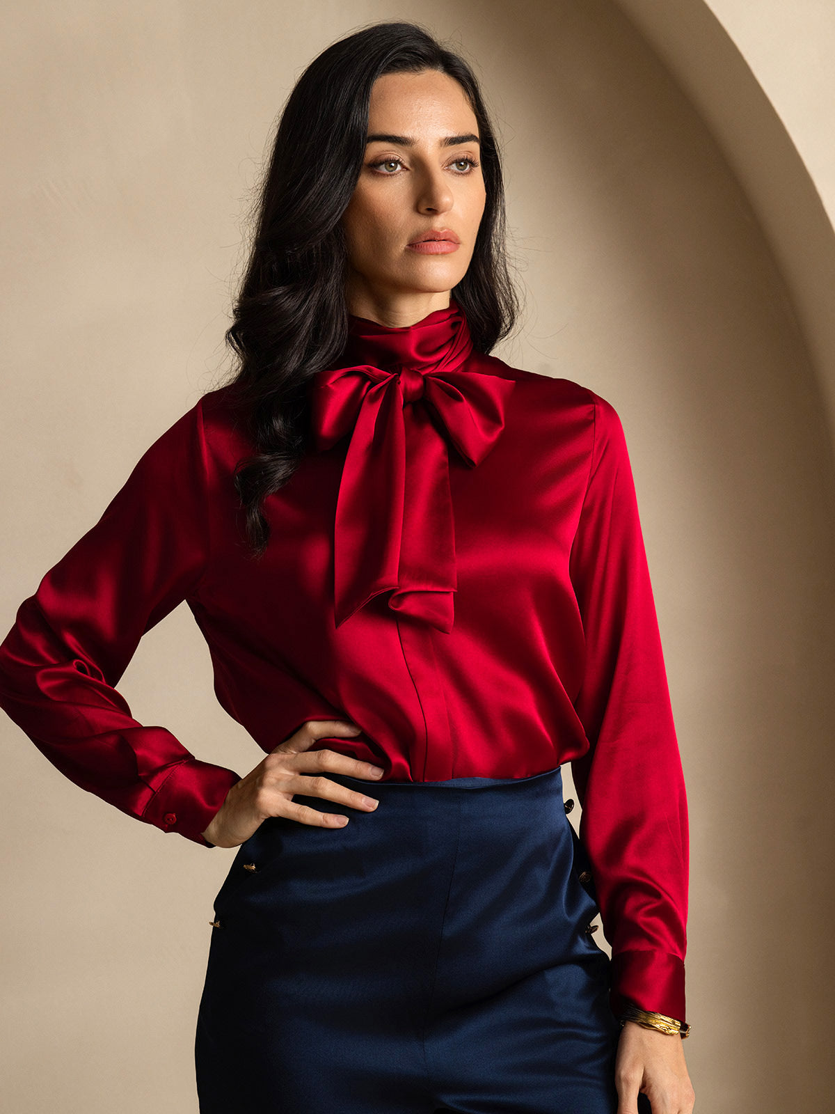 19Momme Silk Long Sleeve High Neck Bow Tie Blouse