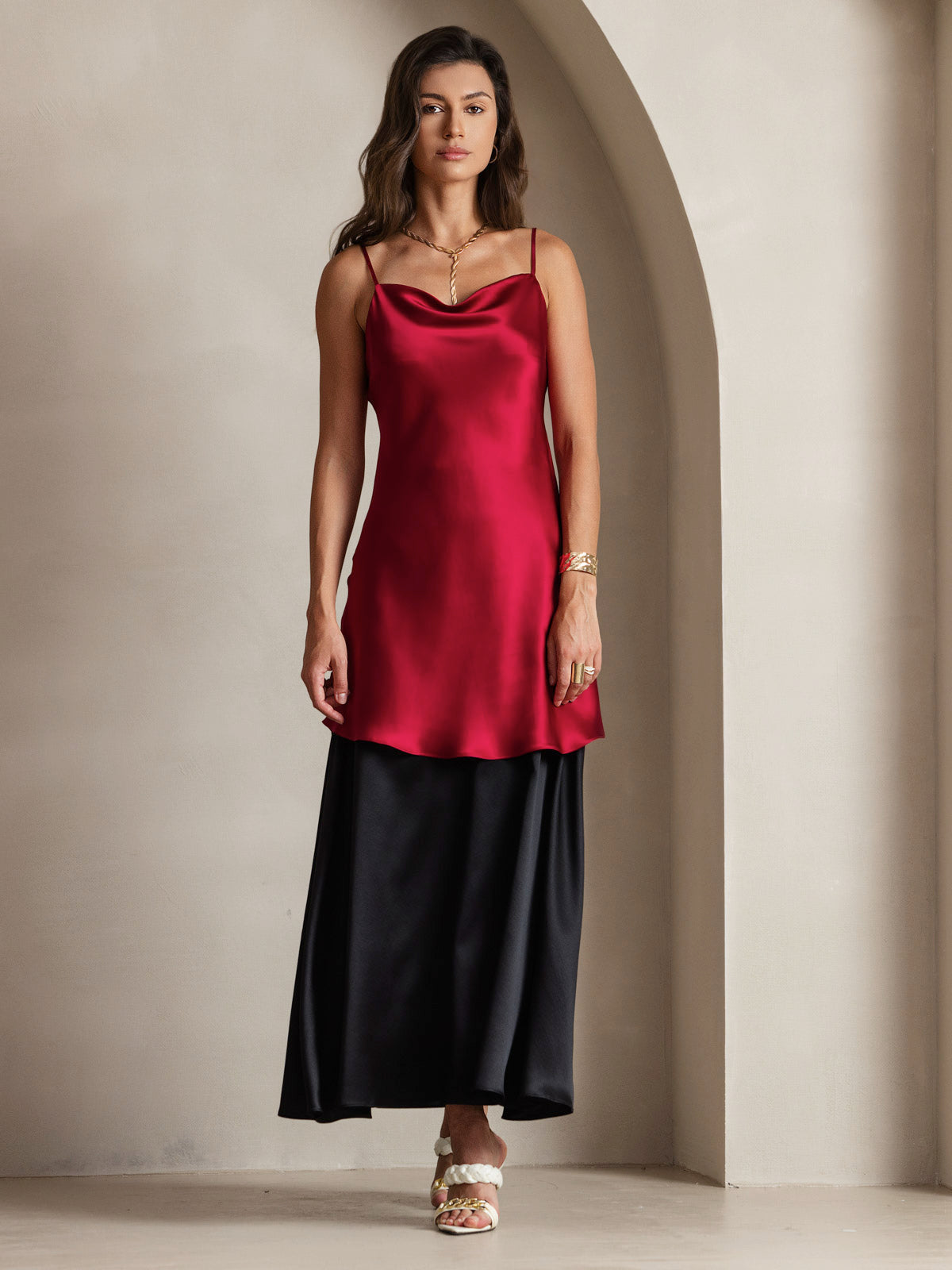 Pure Silk Spaghetti Strap Cowl Neck Short Dress