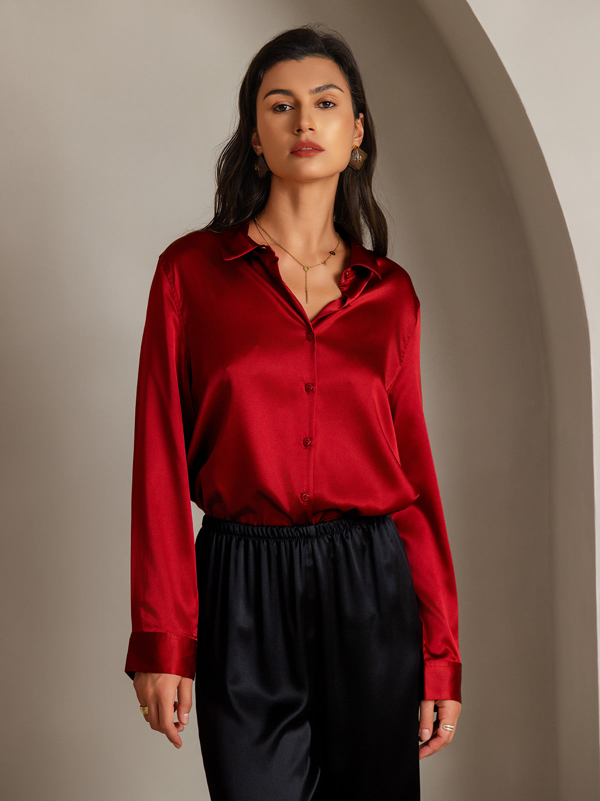 19Momme Silk Long Sleeve Lapel Collar Women's Shirt with Button Up Design