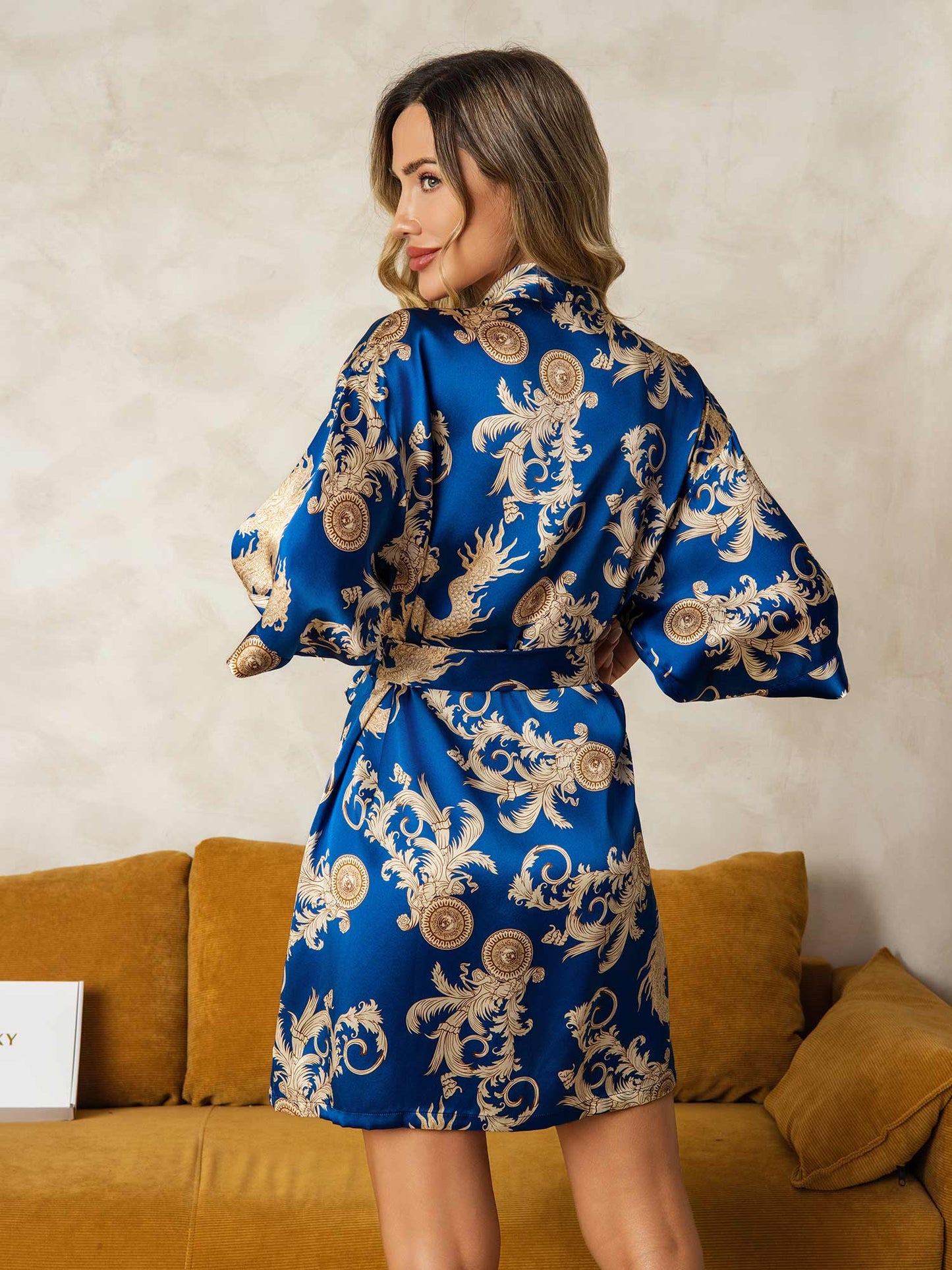 Pure Silk Dragon Print 3/4 Sleeve Women's Kimono Dressing Gown With Belt