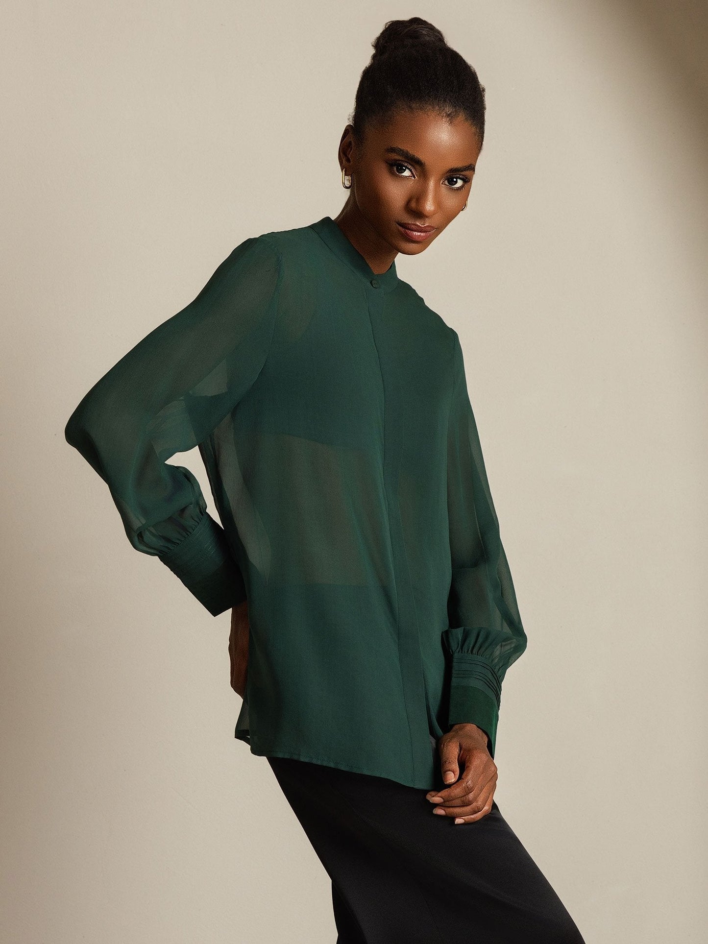 Pure Silk Long Sleeve Split Sheer Blouse