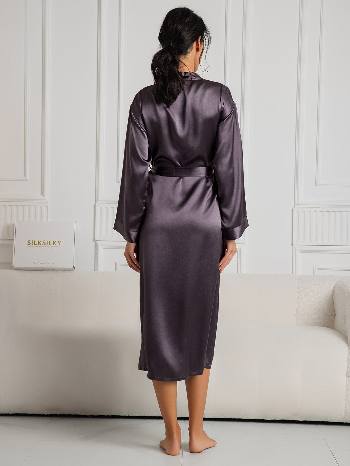 Women's Pure Silk Long Sleeve Midi Wrap Dressing Gown