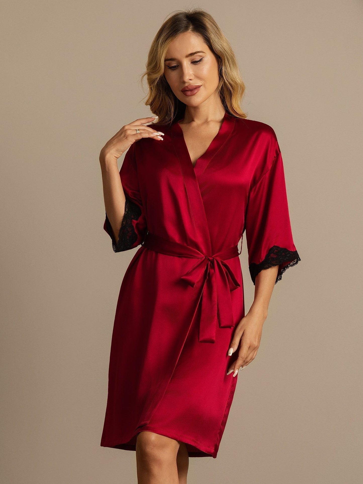 Pure Silk Basic Women's Robe with Lace Design