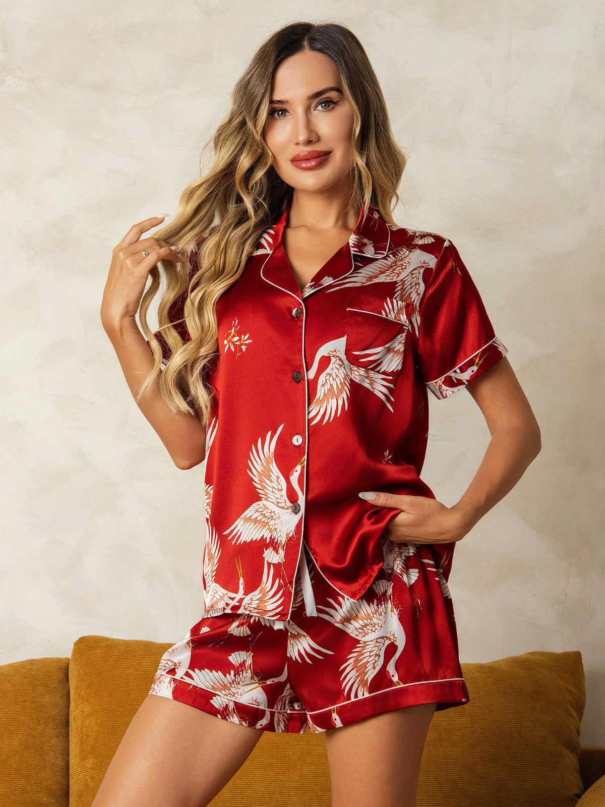 19Momme Pure Silk Crane Print Short Sleeve Notch Collar Women's Pyjamas Set