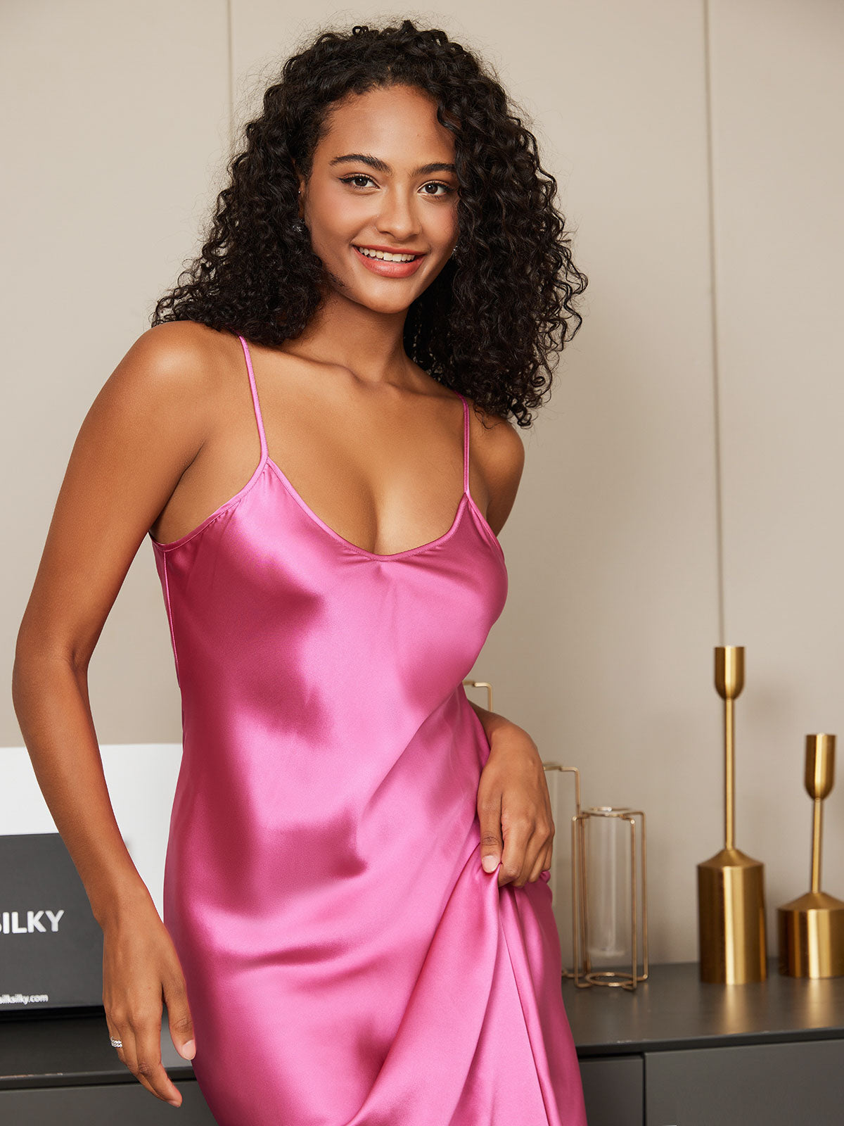 Pure Silk Spaghetti Strap V-neck Midi Nightdress