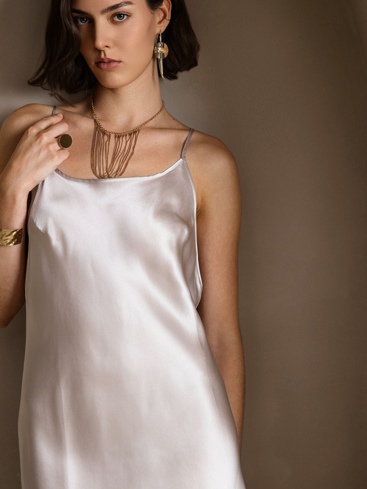 Pure Silk Spaghetti Strap U Neck Knee Dress with Split Criss Cross V-Back Design