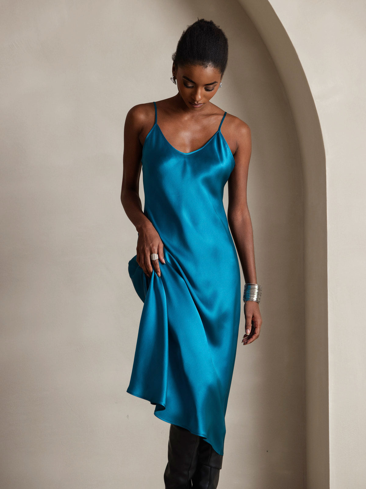 Pure Silk Spaghetti Strap V Neck Midi Dress
