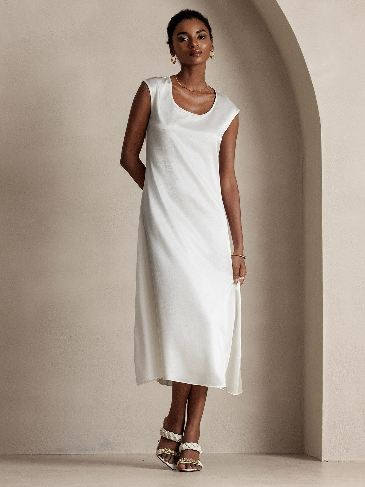 19Momme Silk Cap Sleeve Round Neck Midi Dress