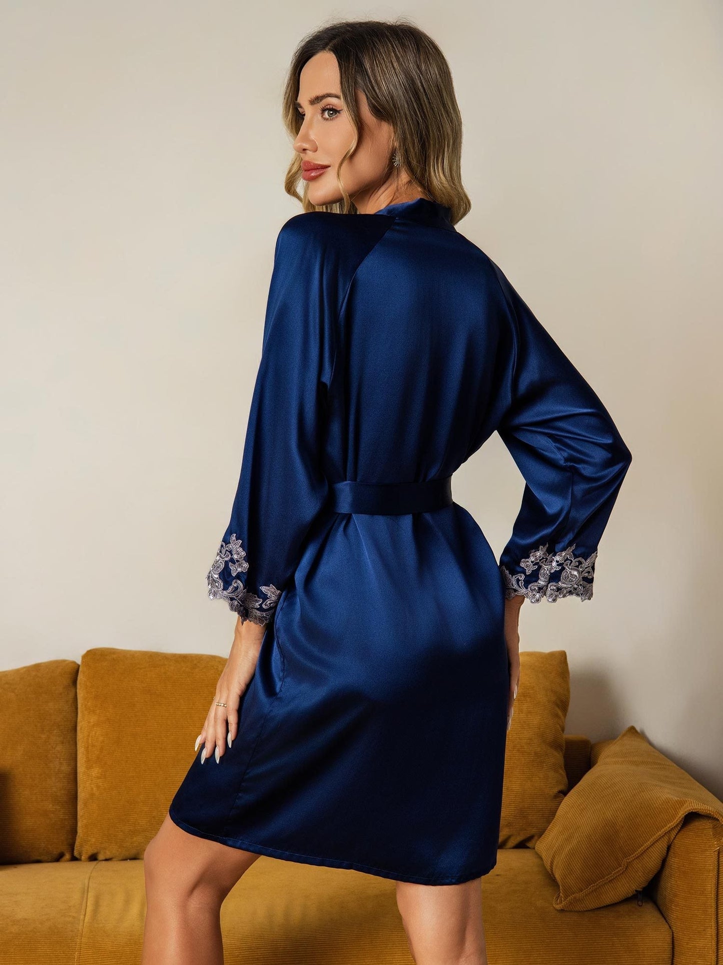 Silk Lace Cuffs Dressing Gown Wrap Kimono Belted with 3/4 Sleeves