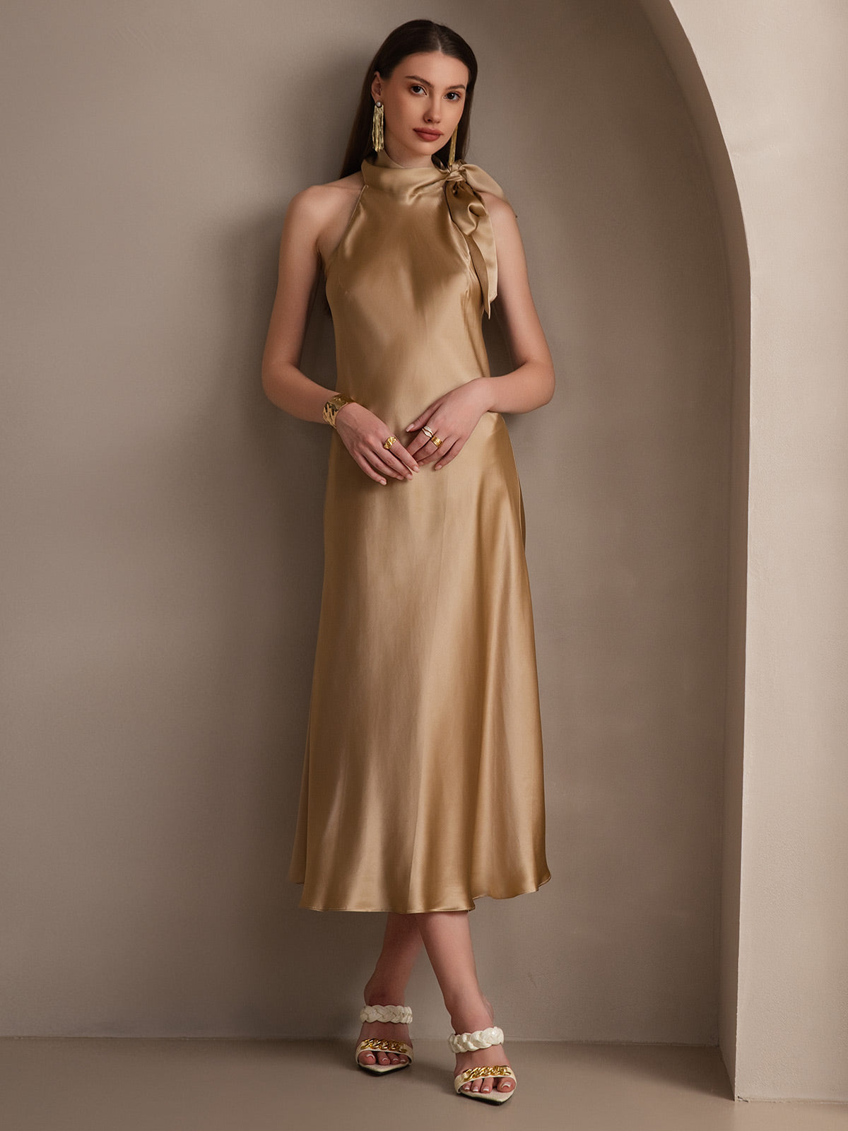 19Momme Silk Sleeveless Tie Neck Midi Dress