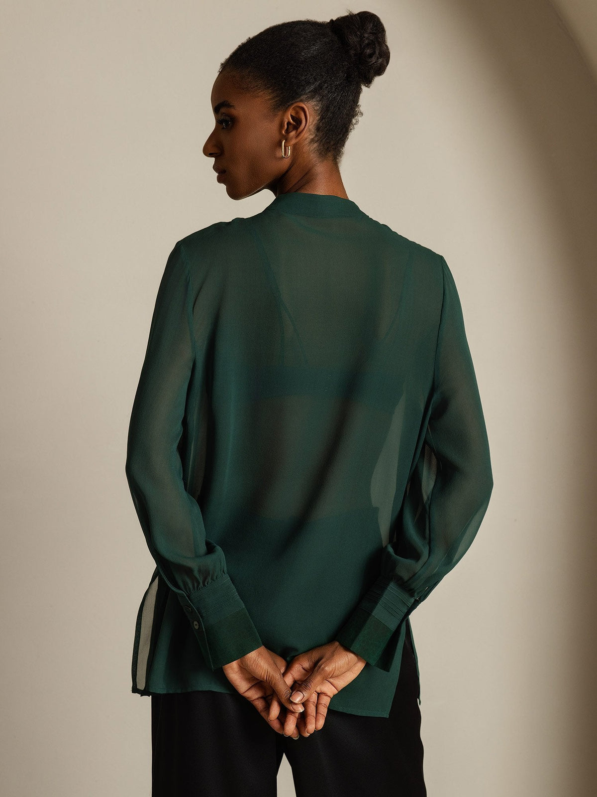 Pure Silk Long Sleeve Split Sheer Blouse
