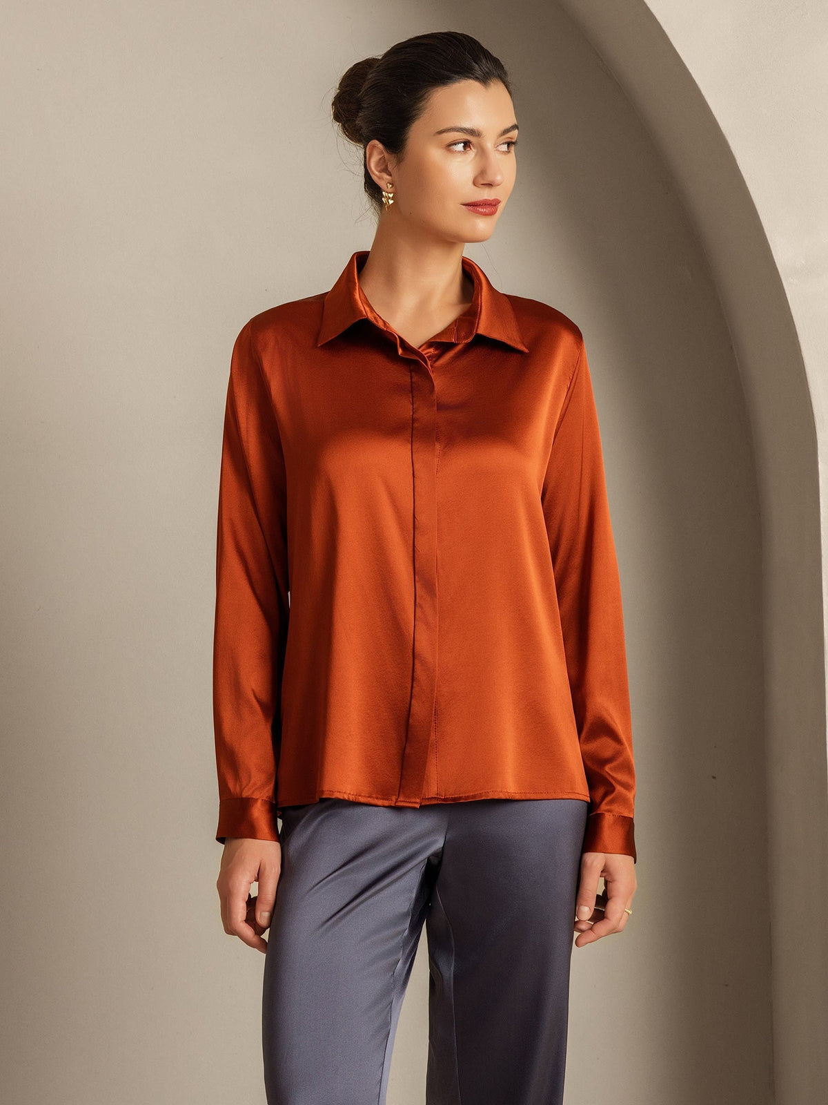 19Momme Silk Long Sleeve Lapel Collar Women's Shirt