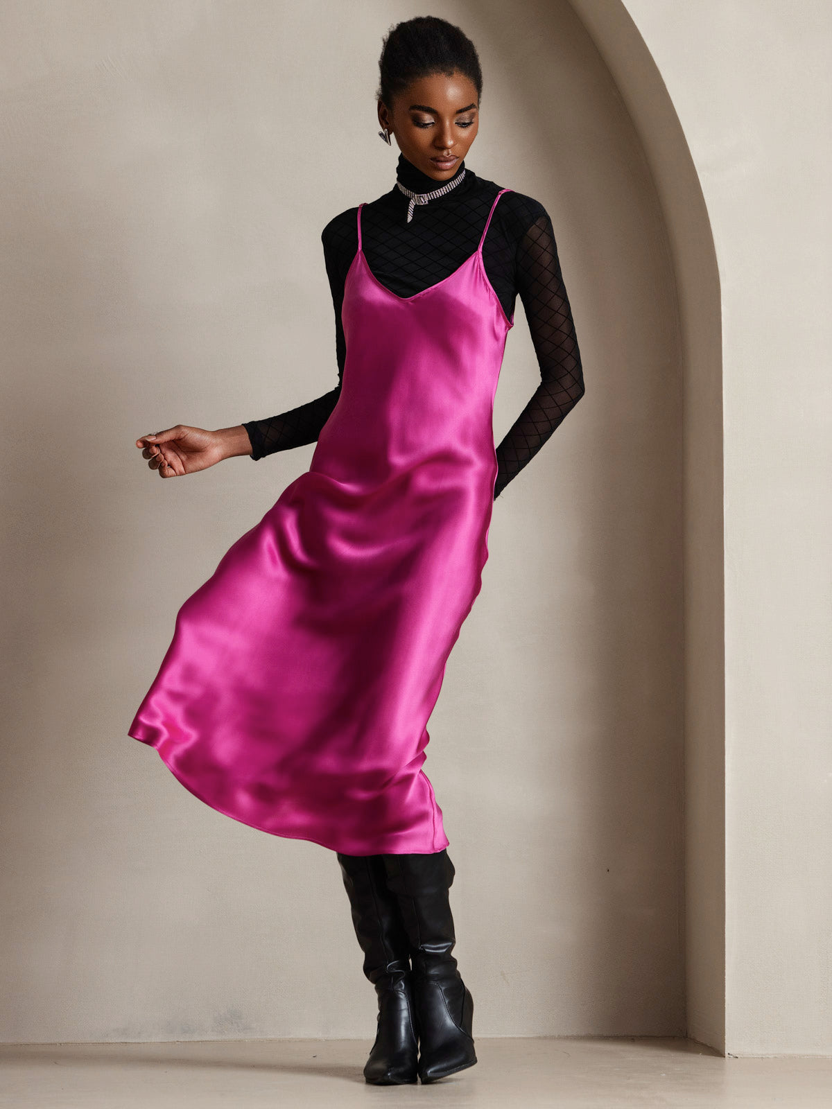 Pure Silk Spaghetti Strap Midi Dress