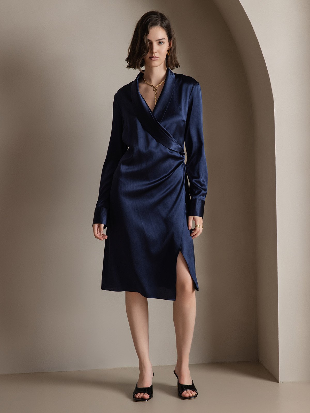 Clearance(Ships to UK Only) - 19Momme Silk Long Sleeve Lapel Collar Wrap Dress with Split Design