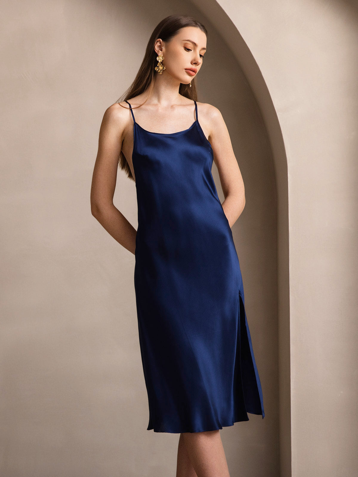 Pure Silk Spaghetti Strap U Neck Knee Dress with Split Criss Cross V-Back Design