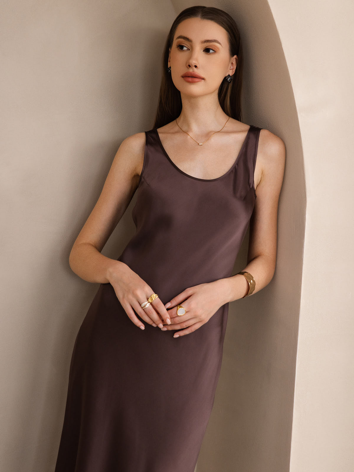 Pure Silk Sleeveless U Neck Midi Dress