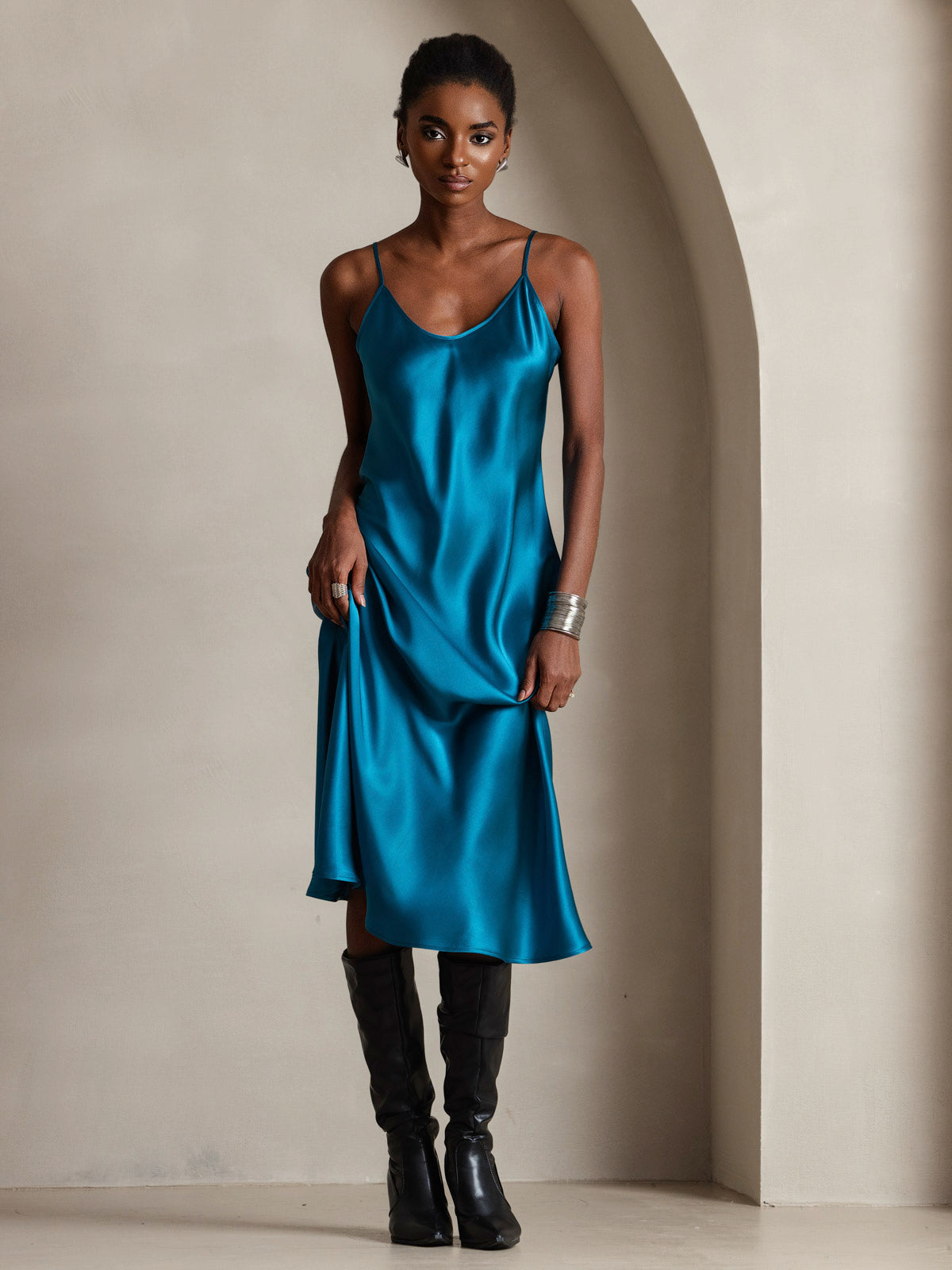 Pure Silk Spaghetti Strap Midi Dress
