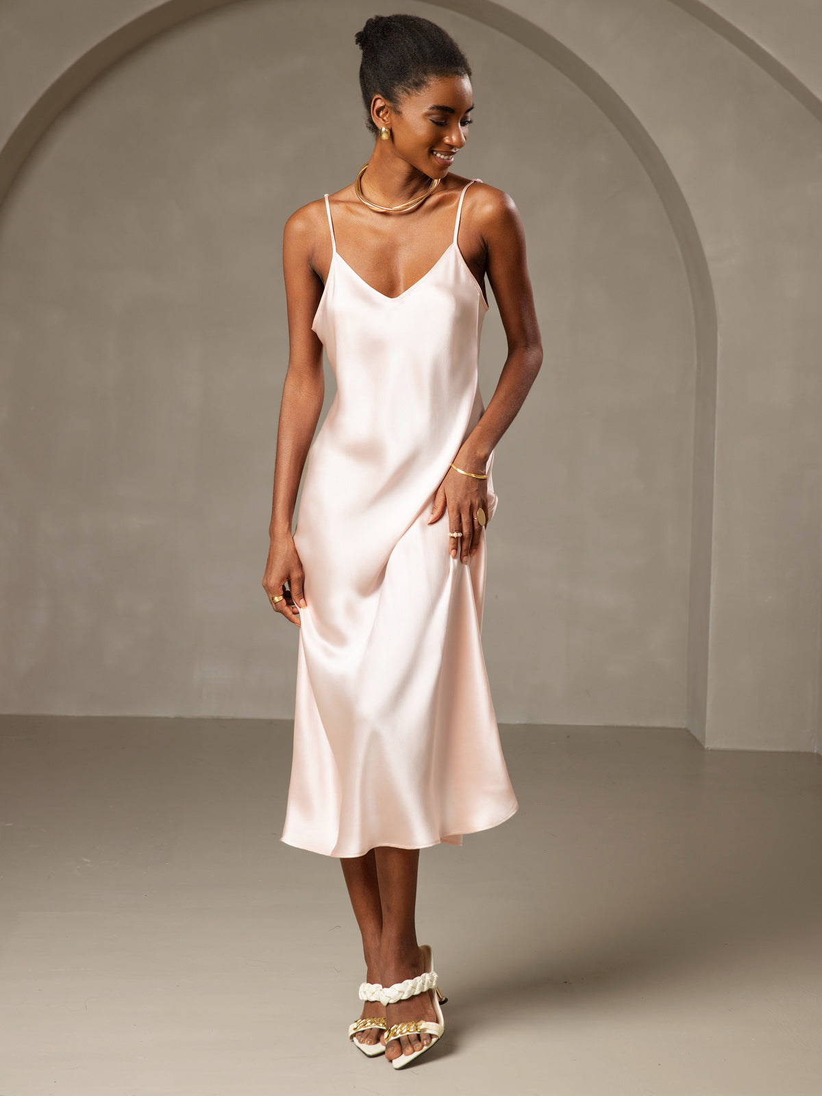 Pure Silk Spaghetti Strap Midi Dress