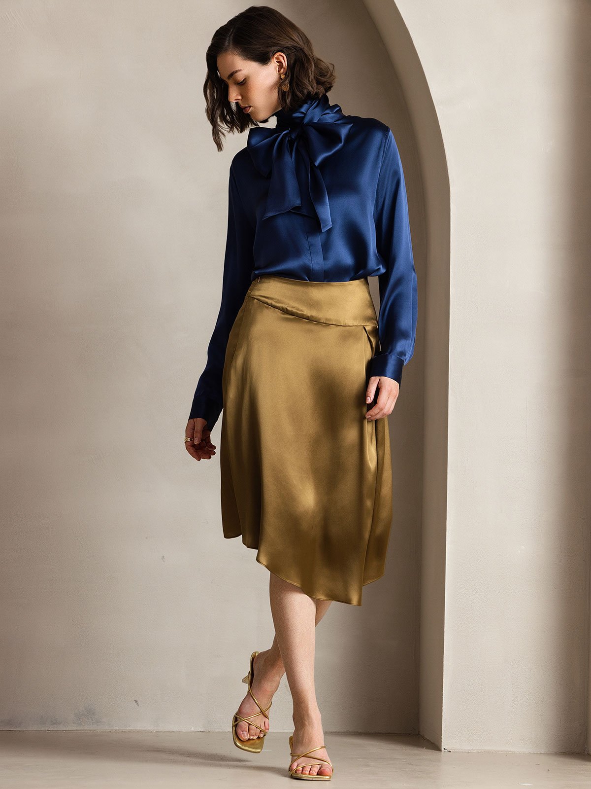 19Momme Silk Long Sleeve High Neck Bow Tie Blouse