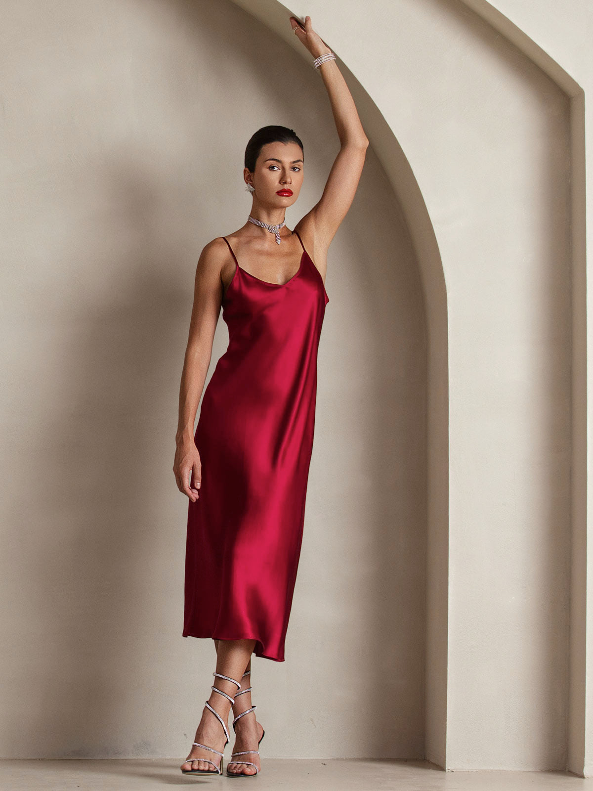 Pure Silk Spaghetti Strap Midi Dress