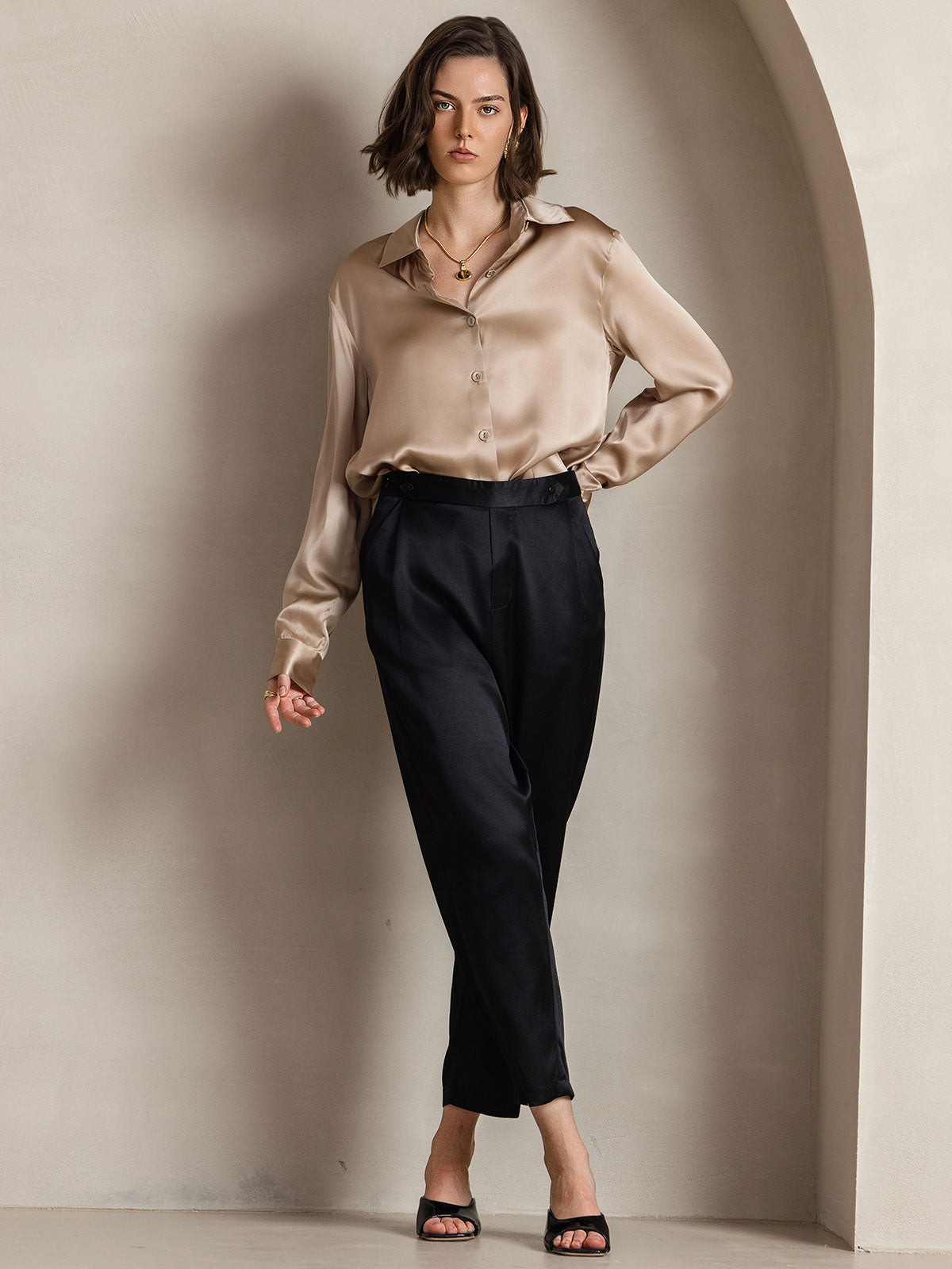 19Momme Silk Long Sleeve Lapel Collar Women's Shirt