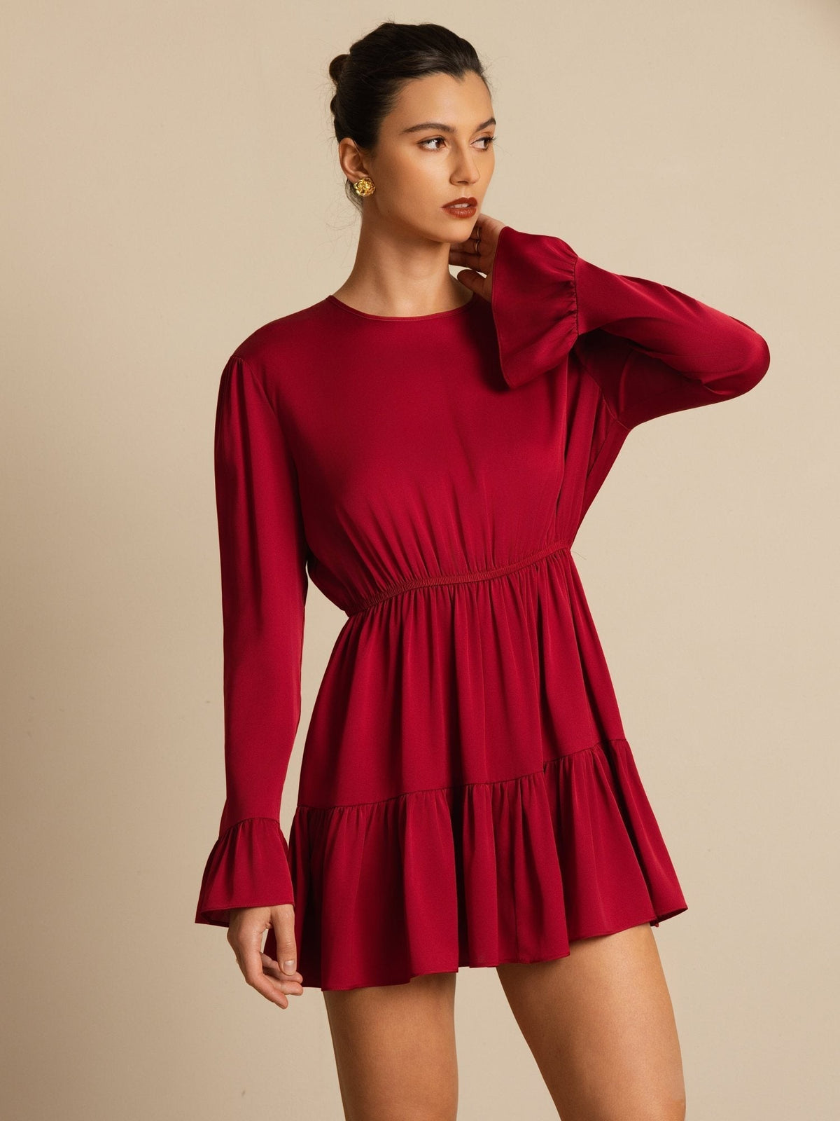 19Momme Silk  Ruffle Sleeves Short A-Line Flowy Dress