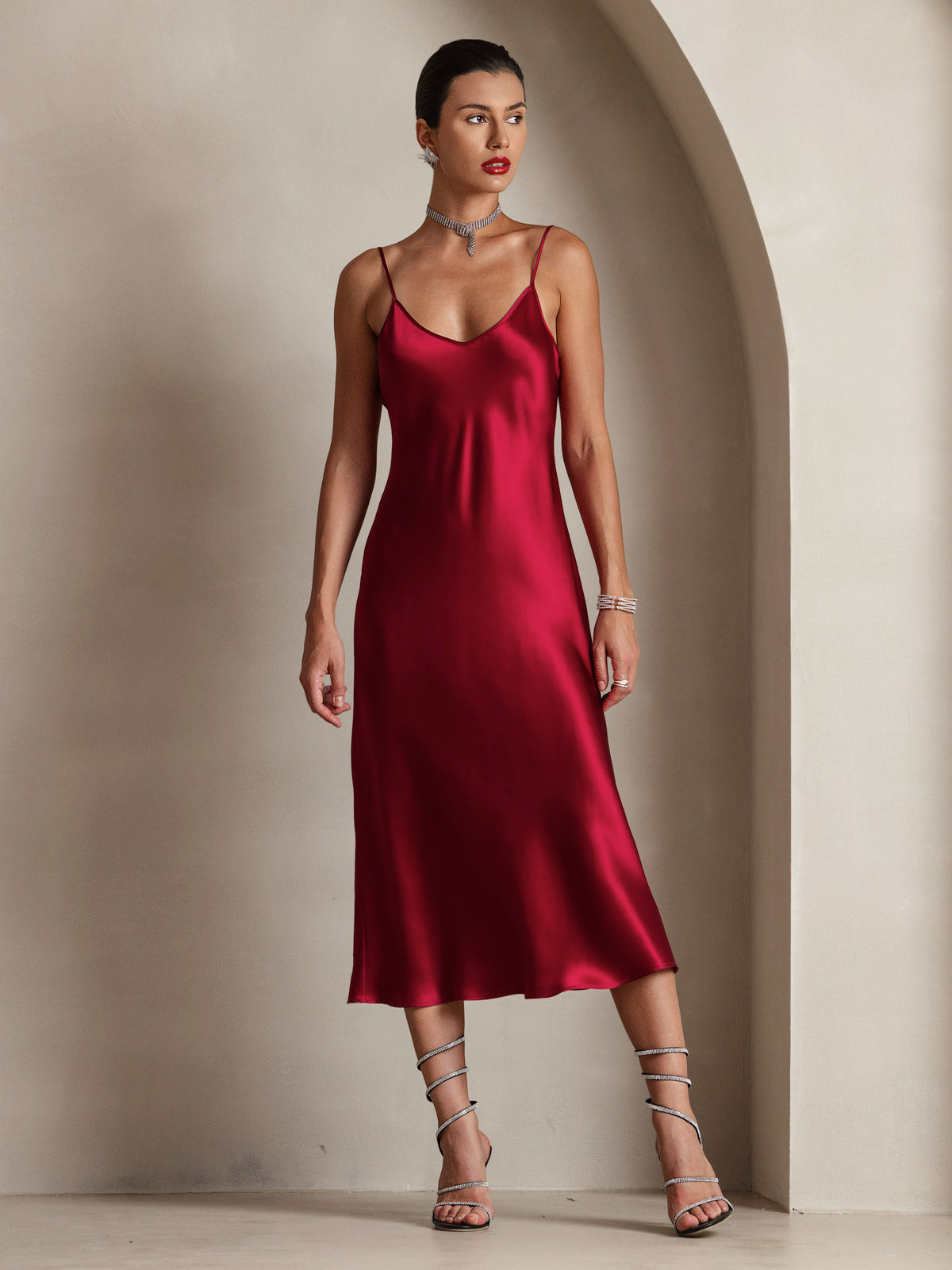 Pure Silk Spaghetti Strap V Neck Midi Dress