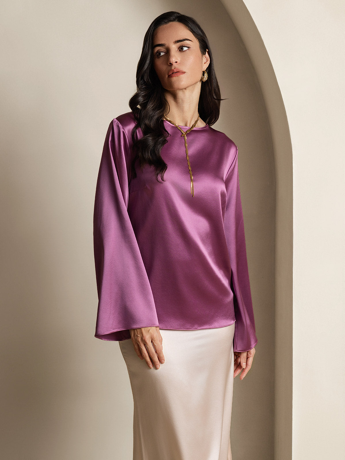 19Momme Silk Bell Sleeve Boat Neck Women's Top