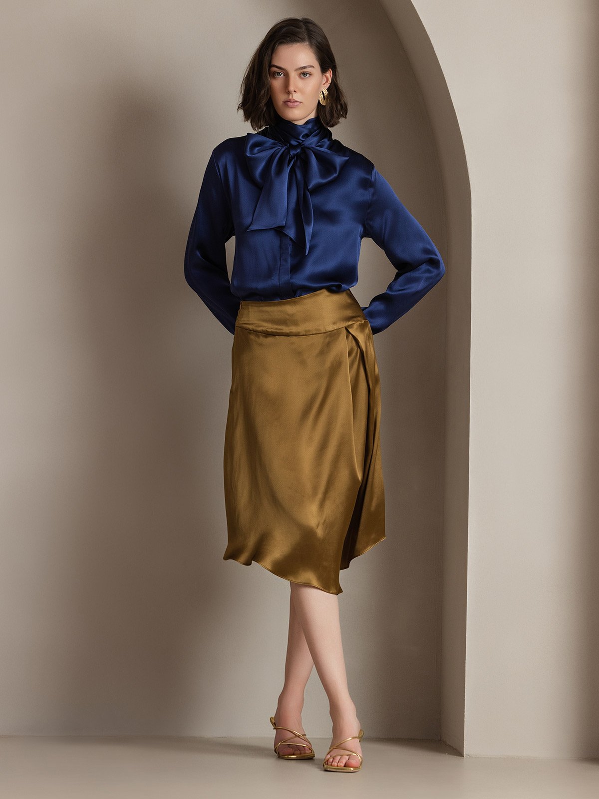 19Momme Silk Long Sleeve High Neck Bow Tie Blouse