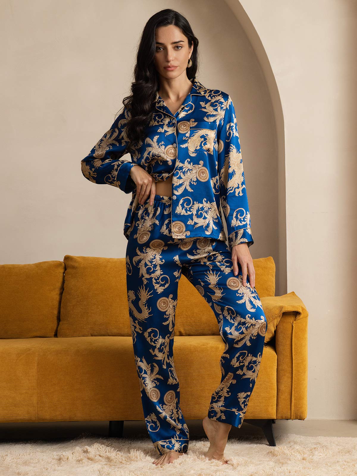 Pure Silk Dragon Print Long Sleeve Notch Collar Women's Pyjamas Set With Pants