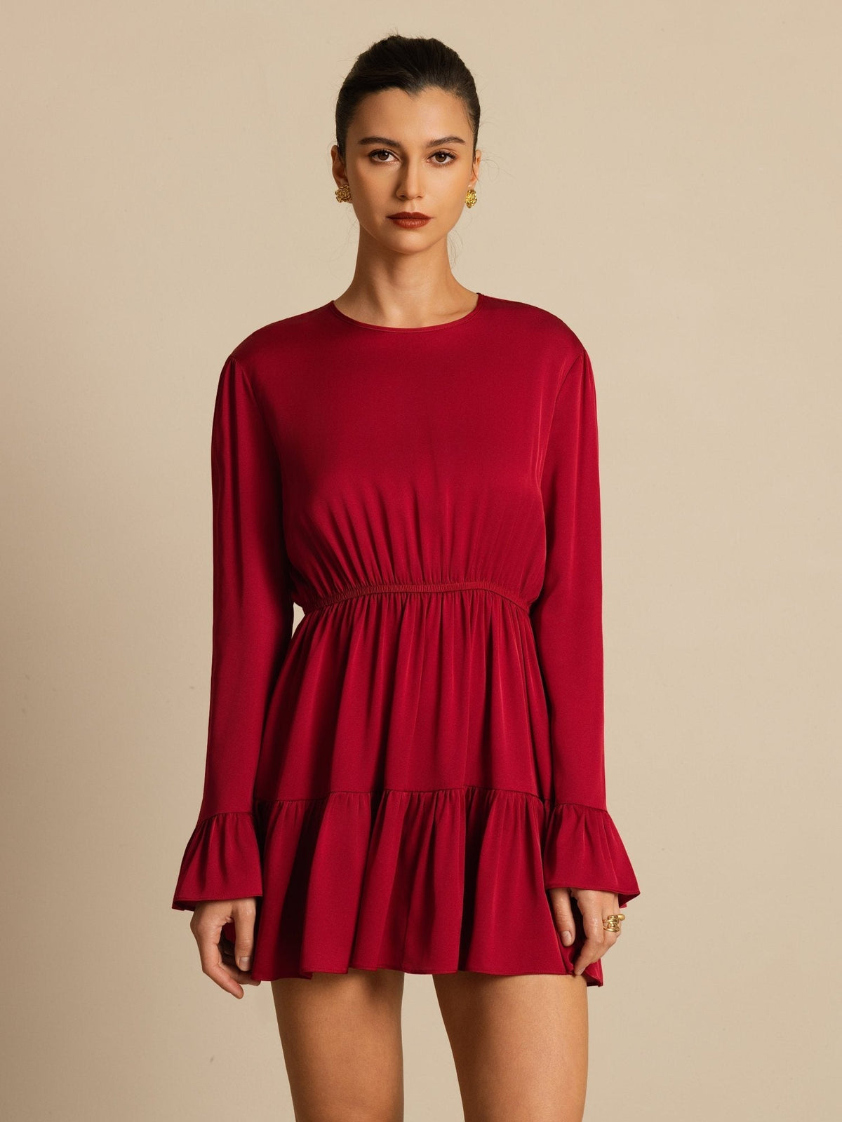 19Momme Silk  Ruffle Sleeves Short A-Line Flowy Dress