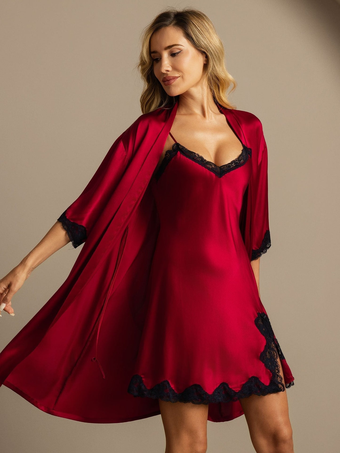 Pure Silk Basic Lace Trimmed Split Nightdress&Dressing gowns 2Pcs
