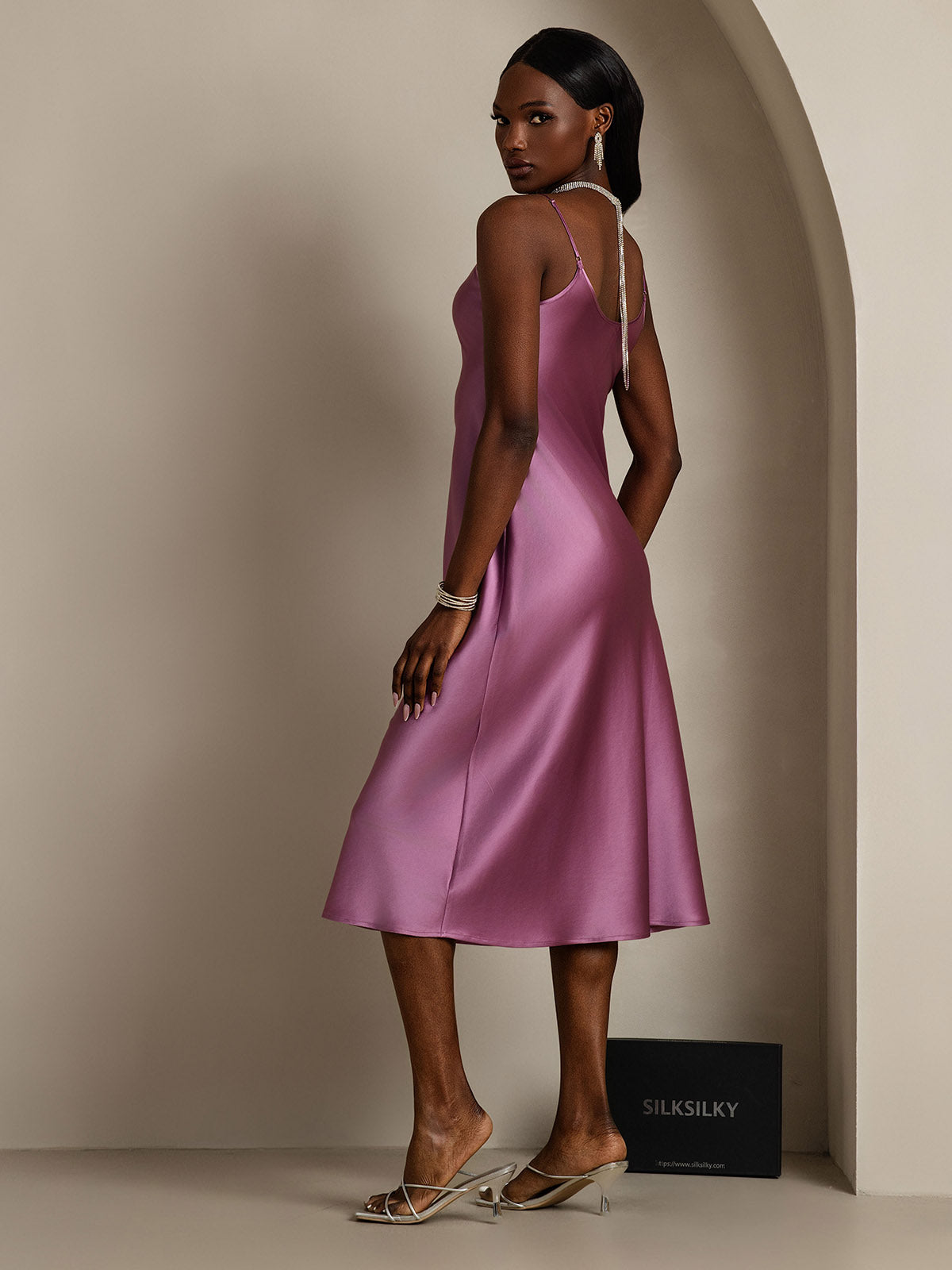 Women's Pure Silk Spaghetti Strap V-neck Midi Nightdress