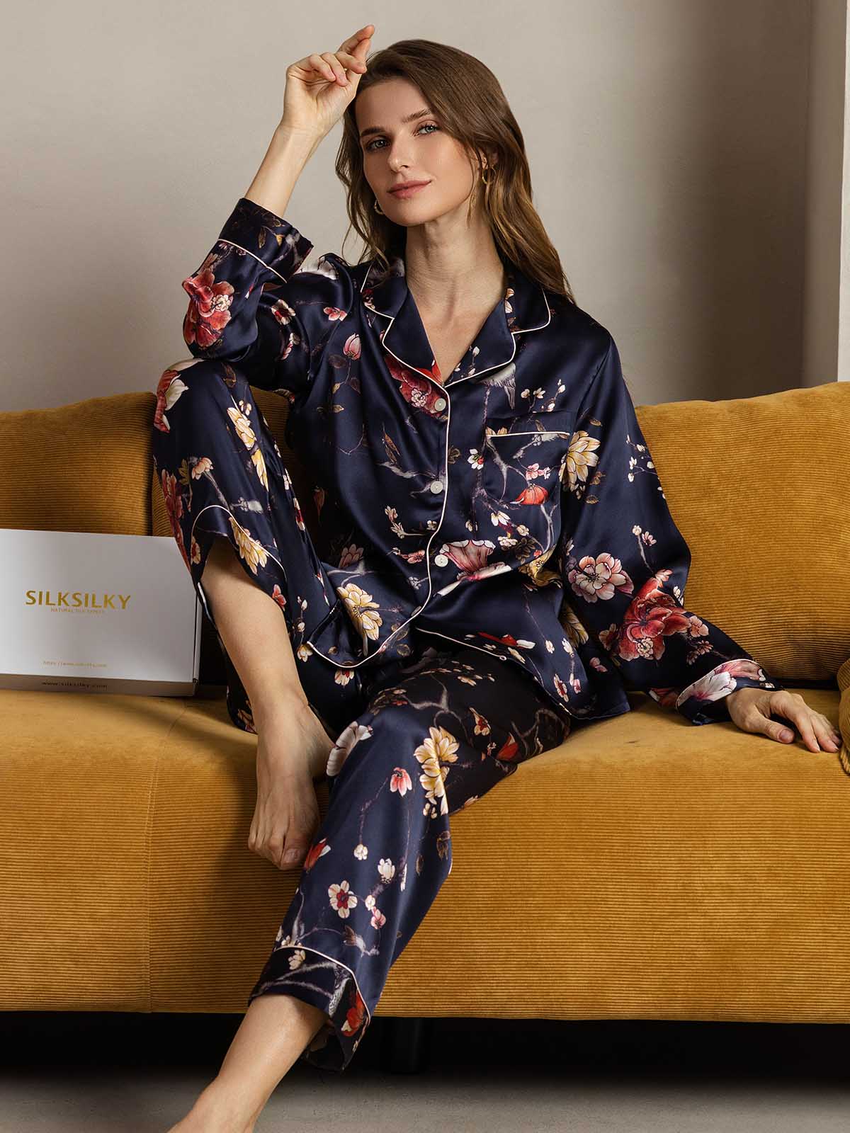 Women's Pure Silk Navy Floral Print Long Sleeve Notch Collar Button Up Pajamas Set
