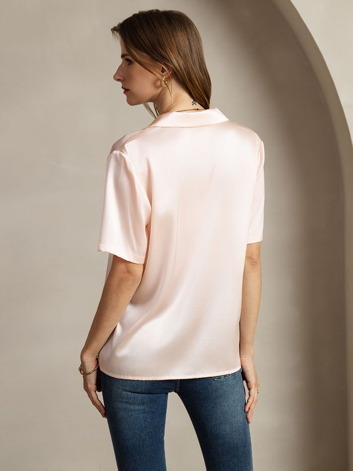 19Momme Silk Short Sleeve Notched Lapel Women's Shirt with Button Up Design