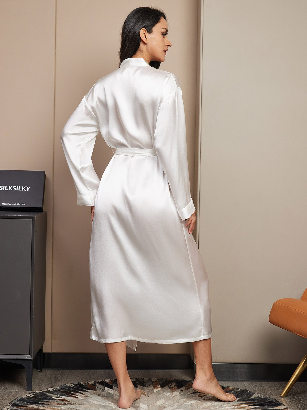 Women's Pure Silk Long Sleeve Midi Wrap Dressing Gown