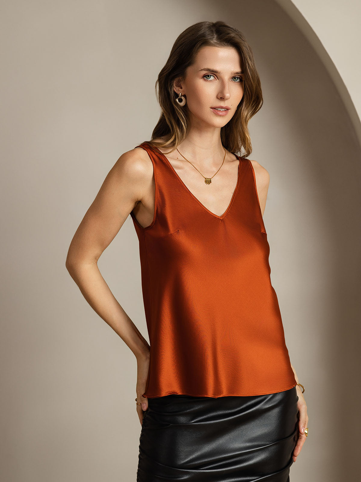 19Momme Silk Sleeveless V Neck Women's Tank Top with V Back Design